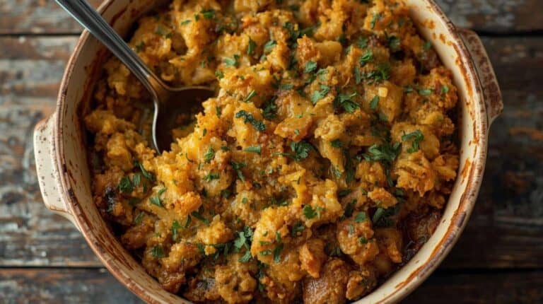 A deep dish of stuffing with herbs and a serving spoon in it.