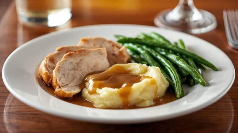 A restaurant-style plated turkey dinner with carved turkey slices, mashed potatoes with gravy drizzle, and green beans on a white plate with bright overhead lighting.