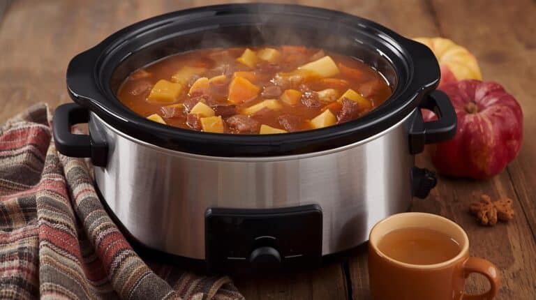 A rustic slow cooker a wooden farmhouse table next to a cozy knit throw, steam rising from a hearty fall stew with carrots, potatoes, and herbs, surrounded by apples, fall leaves, and a vintage ladle.