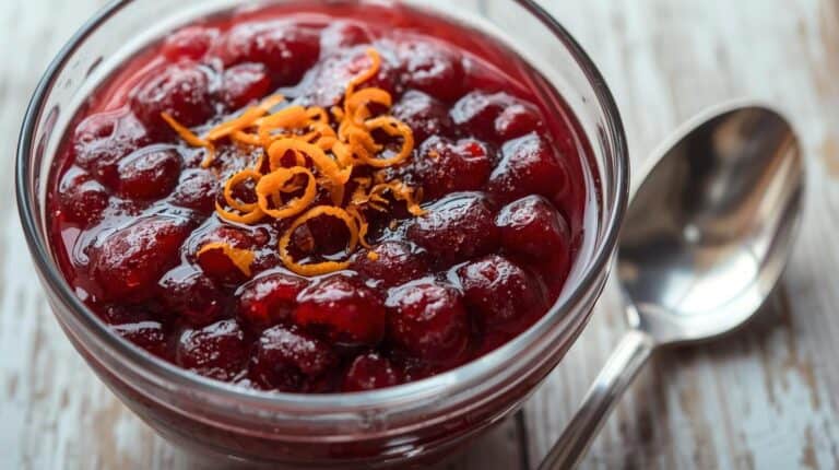 A bowl of whole-berry cranberry sauce with orange zest curls on top.