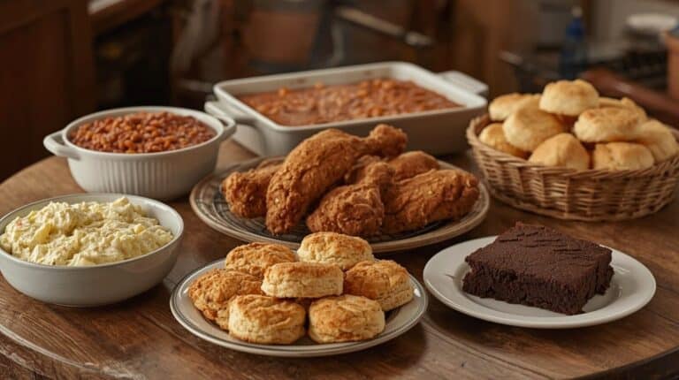 Fried chicken, potato salad, baked beans, biscuits, and chocolate cake on a table.