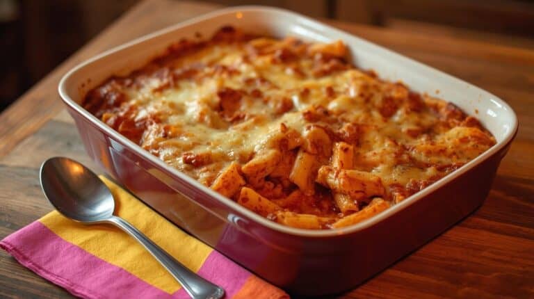 1980s cheesy baked ziti in a casserole dish and a spoon on a napkin next to it.