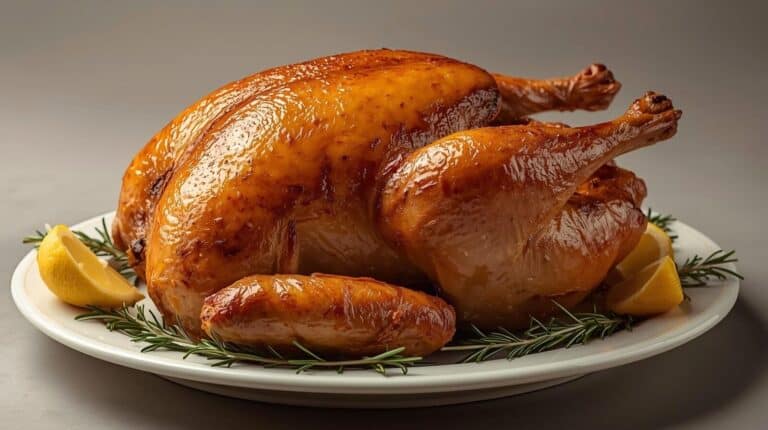 A roasted turkey on a platter with lemon wedges and rosemary sprigs.