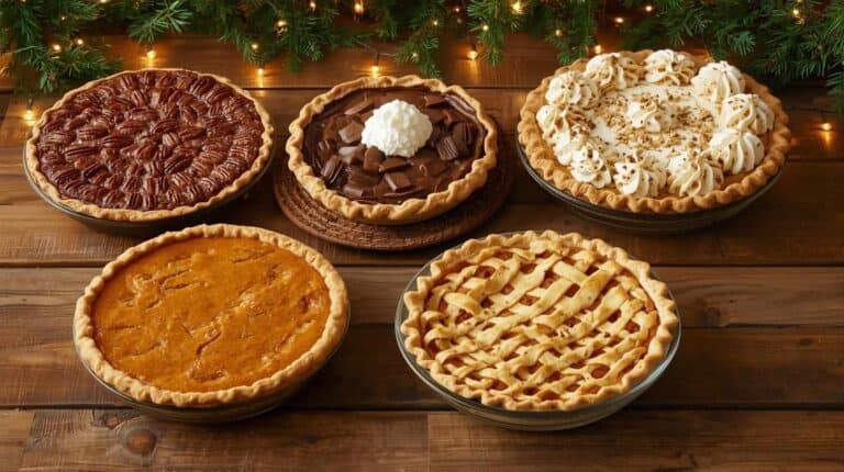 A holiday pie buffet featuring pecan, chocolate, and cream pies with twinkling lights and greenery behind them.