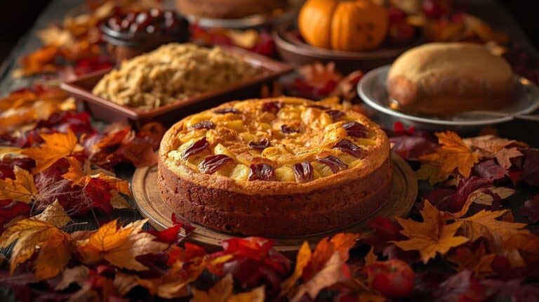 Harvest table with apple cake, stuffing, pumpkin bread, fall leaves scattered around.