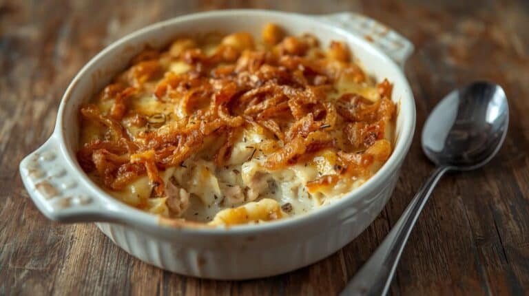 Creamy casserole with crispy fried onions on top.