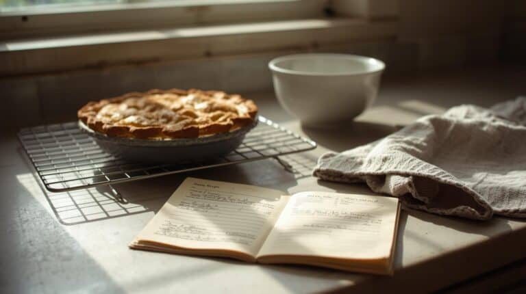 Vintage kitchen counter with open recipe card, pie cooling on rack, mixing bowl and towel nearby.