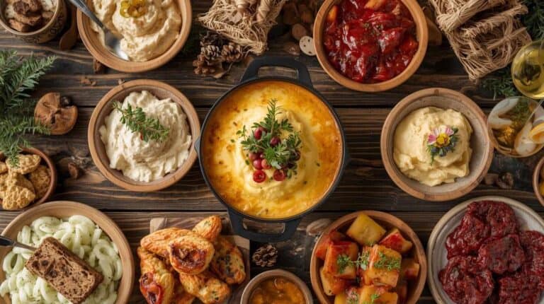 A rustic party table showing bubbling cheese dips, colorful cold dips, and holiday garnishes.