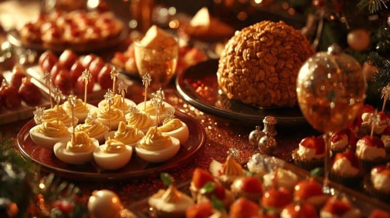 A vintage style holiday party spread featuring deviled eggs, cheese ball, and appetizers with festive cocktail picks.