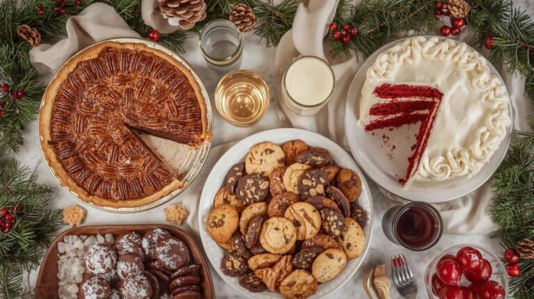 A festive dessert table featuring pecan pie, red velvet cake, and Southern style cookies with holiday garland.