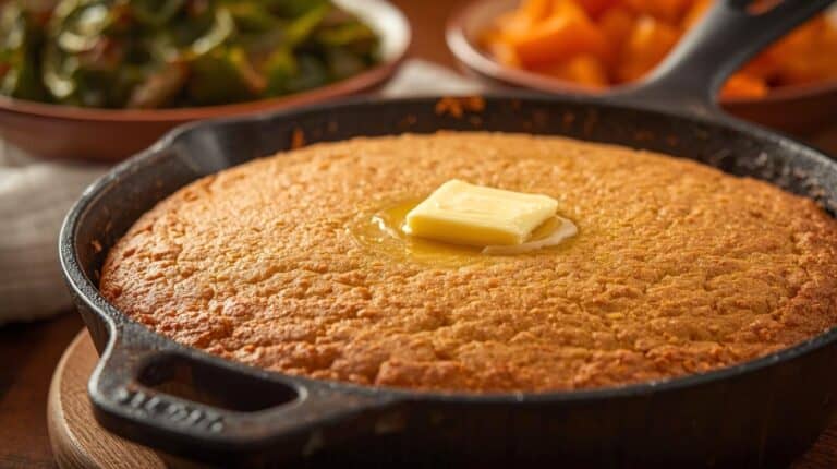 A cast-iron skillet of cornbread with a melting pat of butter with collard greens and sweet potatoes in the background.