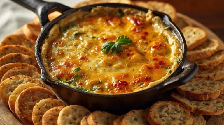 A bubbling, cheesy hot dip in a cast-iron skillet surrounded by crostini.