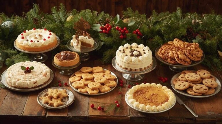 A festive spread of vintage church cookbook desserts arranged beside holiday greenery.
