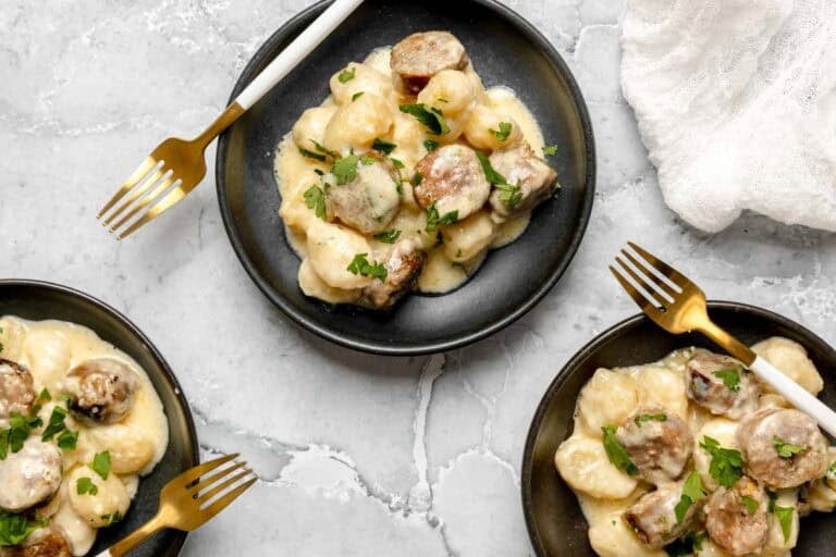 Creamy Alfredo Sausage and Gnocchi Bake