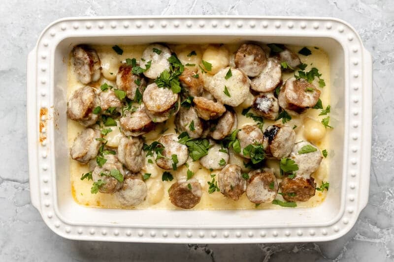 Creamy Alfredo Sausage and Gnocchi Bake