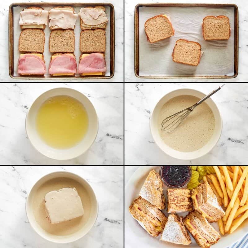 A 6-panel collage showing how to make a Monte Cristo: assembling the sandwich, making the batter, dipping, and the final plated dish.