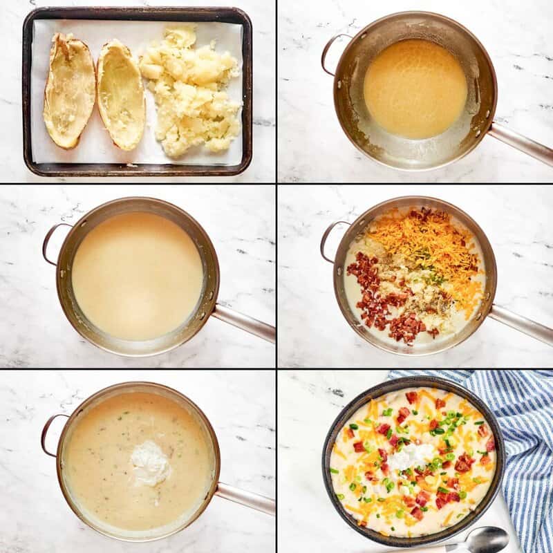 A 6-panel collage shows potato soup steps: scooping potatoes, making a roux, adding cheese and bacon, and stirring in sour cream.