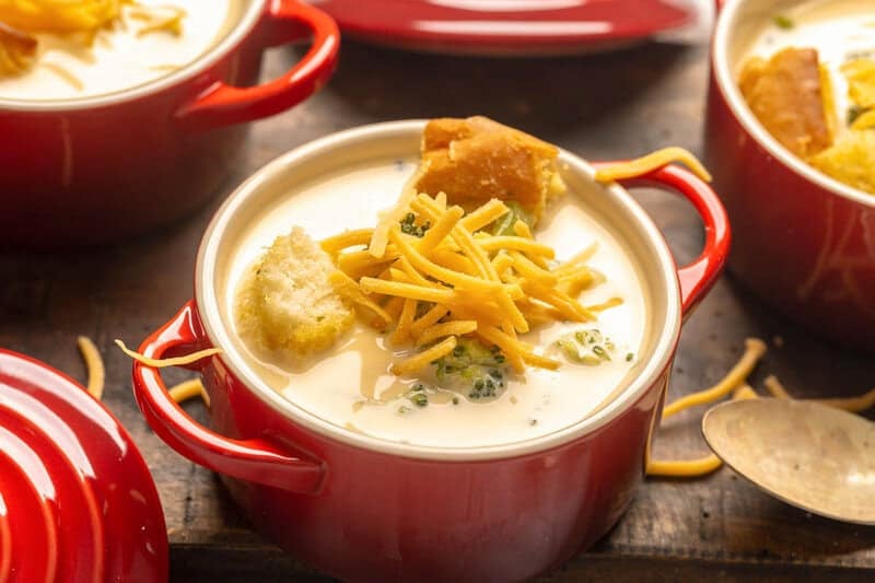 Copycat Black-eyed Pea broccoli cheese soup in soup crocks.