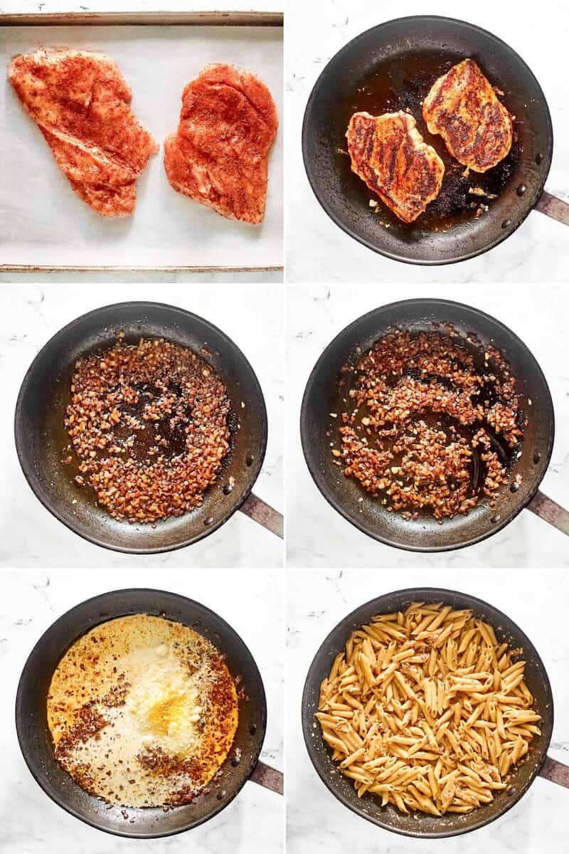A 6-panel collage showing how to make Cajun chicken pasta: seasoning chicken, cooking it, making the sauce, and adding the pasta.