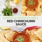 Copycat Chipotle red chimichurri sauce ingredients and the sauce served with tortilla chips.