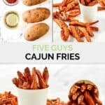 Copycat Five Guys Cajun fries ingredients and the fries served in paper cups.