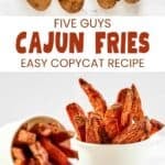 Copycat Five Guys Cajun fries ingredients and the fries in paper cups.
