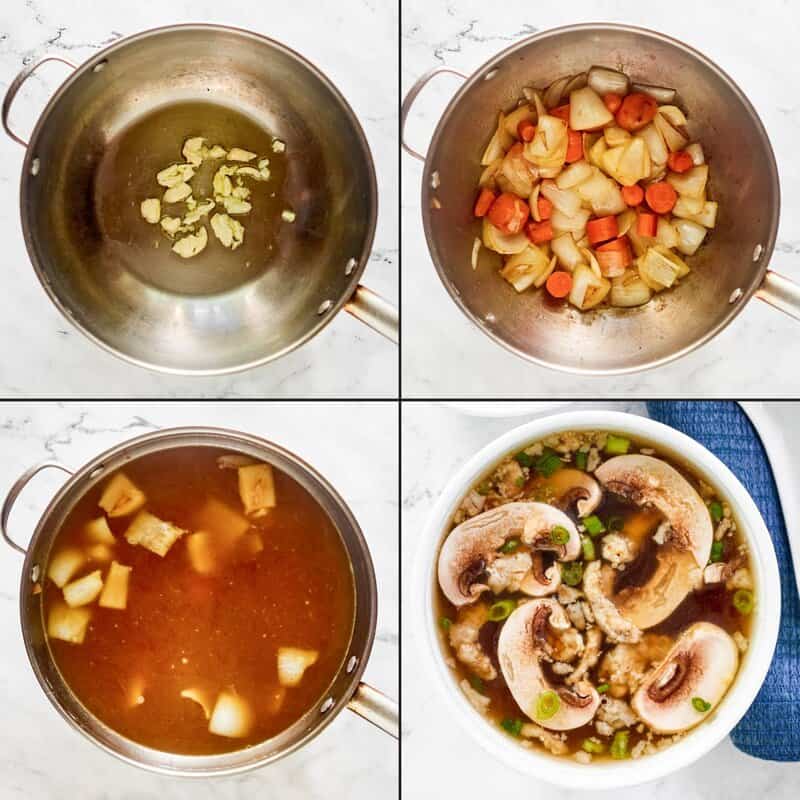 A 4-panel collage showing the steps: frying garlic, browning vegetables, simmering the broth, and the final plated soup.