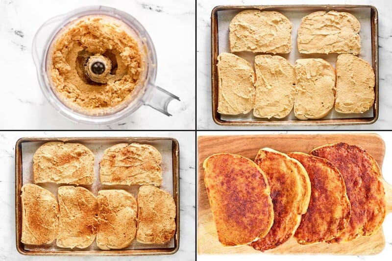 A 4-panel collage shows steps: making cheese spread, spreading it on bread, broiling, and the final crispy garlic bread.