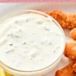 Homemade Skippers tartar sauce in a small glass bowl.