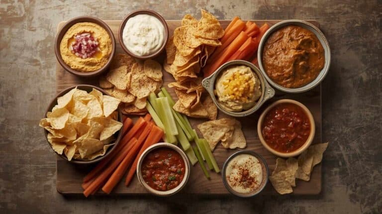 An assortment of dips served with chips and veggies.