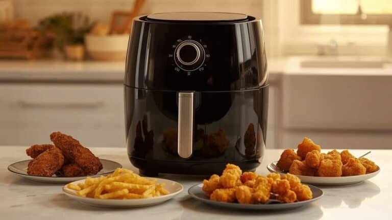 An air fryer and air fried food on plates on a kitchen counter.