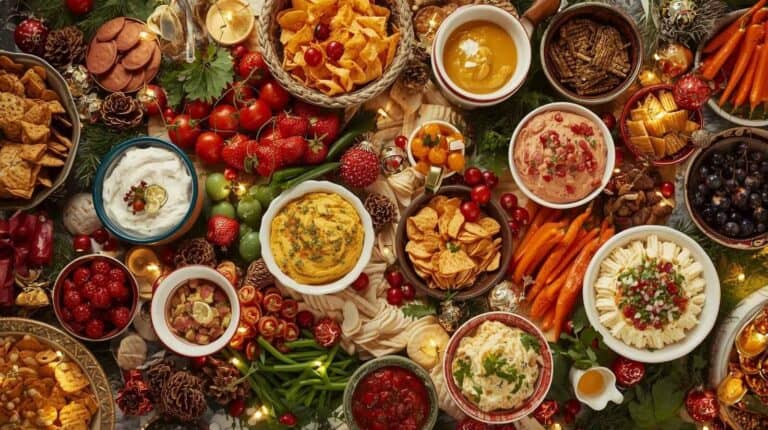 A lively party spread featuring creamy, cheesy dips surrounded by chips, crackers, and veggies.