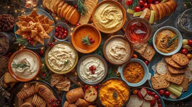 A lively holiday party spread showcasing irresistible dips served with crackers, breads, and crisp vegetables.