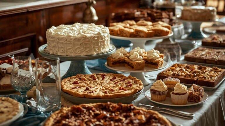 A crowded dessert table stacked with old-fashioned favorites like sheet cakes, layered bars, pies, and frosted classics.