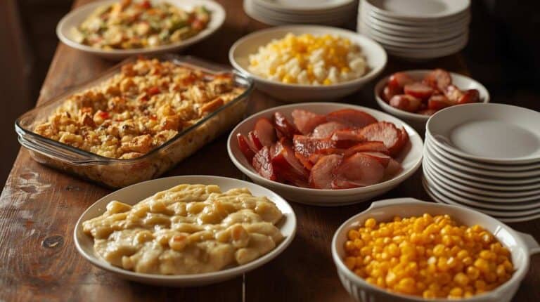 A potluck-style table with familiar church cookbook dishes: chicken and rice casserole, scalloped potatoes, baked ham slices, and a bowl of buttered corn.