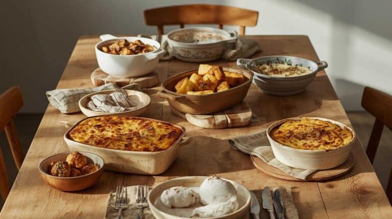 A modest family-style table with casseroles and baked dishes in everyday serving ware.