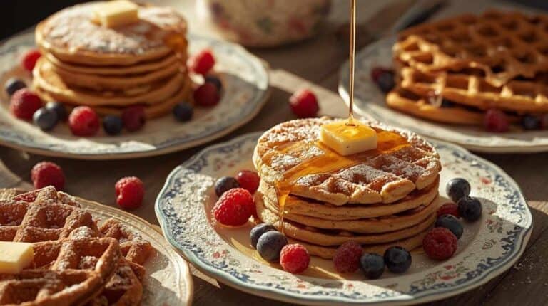 A nostalgic breakfast spread featuring tall stacks of golden pancakes and crisp waffles dusted with powdered sugar, drizzled with syrup, and dotted with berries.