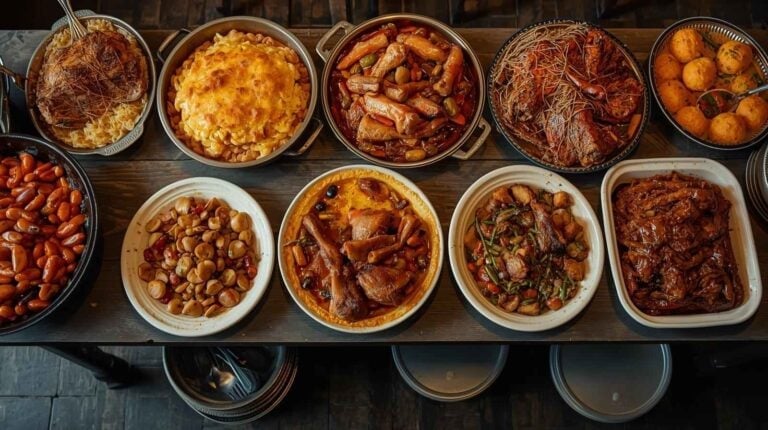 Large, hearty main dishes lined up on a potluck table. Extra pans stacked underneath.