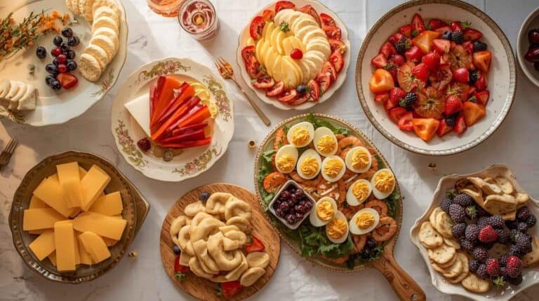 An assortment of classic appetizers on retro plates and platters.