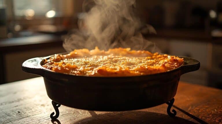 A bubbling casserole fresh from the oven, its golden, crispy topping cracking slightly as steam rises into a softly lit winter kitchen.