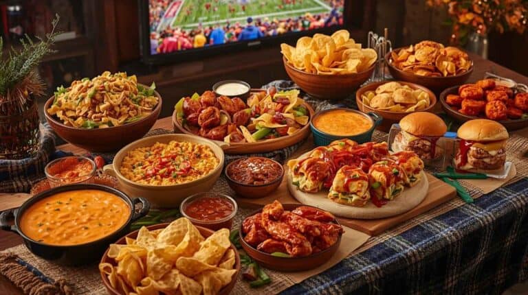 A lively game-day spread packed with warm, crowd-pleasing snacks—cheesy dips, sliders, wings, and loaded nachos—arranged beside overflowing bowls of chips.