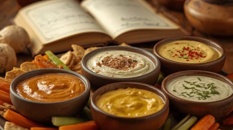 A close-up of creamy party dips served in well-worn bowls, surrounded by crackers and veggies. A handwritten recipe notebook lies open behind them.