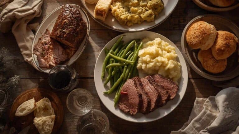 A plate of sliced pot roast, mashed potatoes, and green beans.