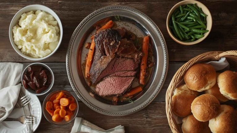 Roast beef, mashed potatoes, green beans, carrots, and rolls on a wood table.