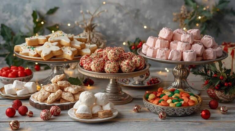 A nostalgic spread of classic holiday sweets like frosted cookies, marshmallow treats, and old-fashioned candies displayed on retro platters.