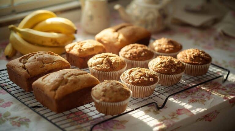 A warm, nostalgic kitchen scene with freshly baked vintage quick breads and muffins cooling on a wire rack.