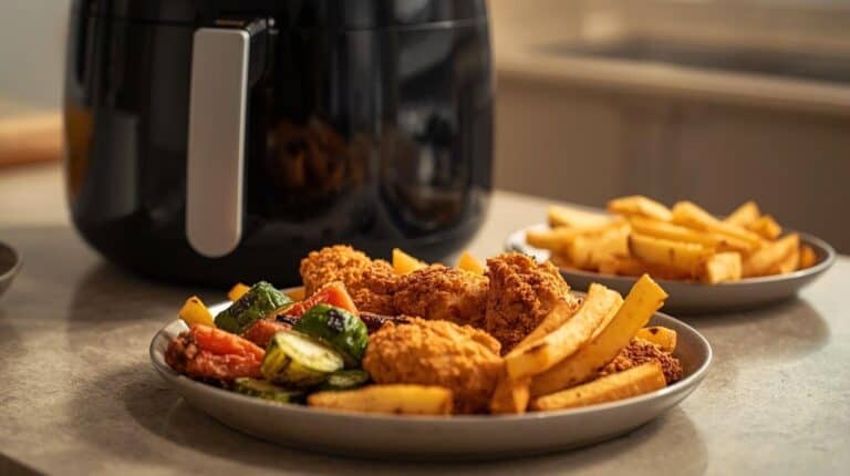 A cozy kitchen scene featuring an air fryer and crispy air fryer foods on a plate.