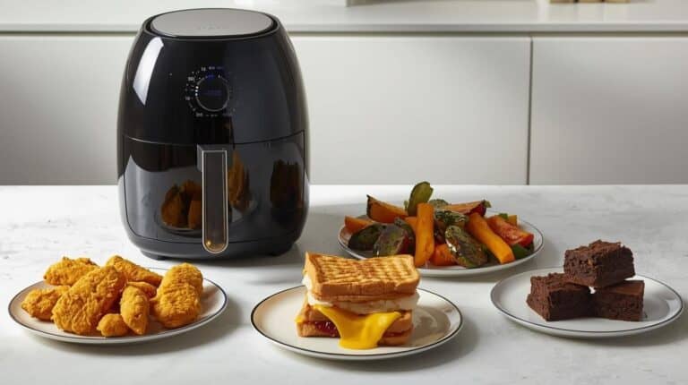 An air fryer and air-fried chicken, vegetables, fries, and brownies on a kitchen counter.