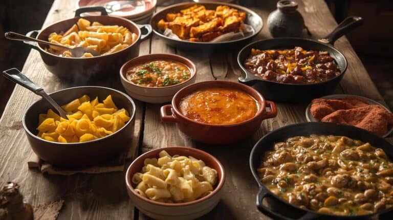 A rustic kitchen table set with steaming bowls of hearty, budget-friendly dinners—creamy pastas, cozy casseroles, and savory skillet meals.