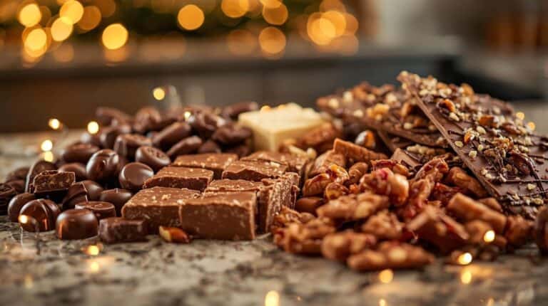 A bright holiday kitchen counter filled with glossy chocolates, fudge, sprinkled bark, caramel clusters, all glowing under warm Christmas lights.